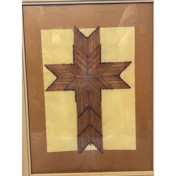 Vintage Tramp Art Hanging Matchstick Cross 14x18 framed - Picture 3 of 7